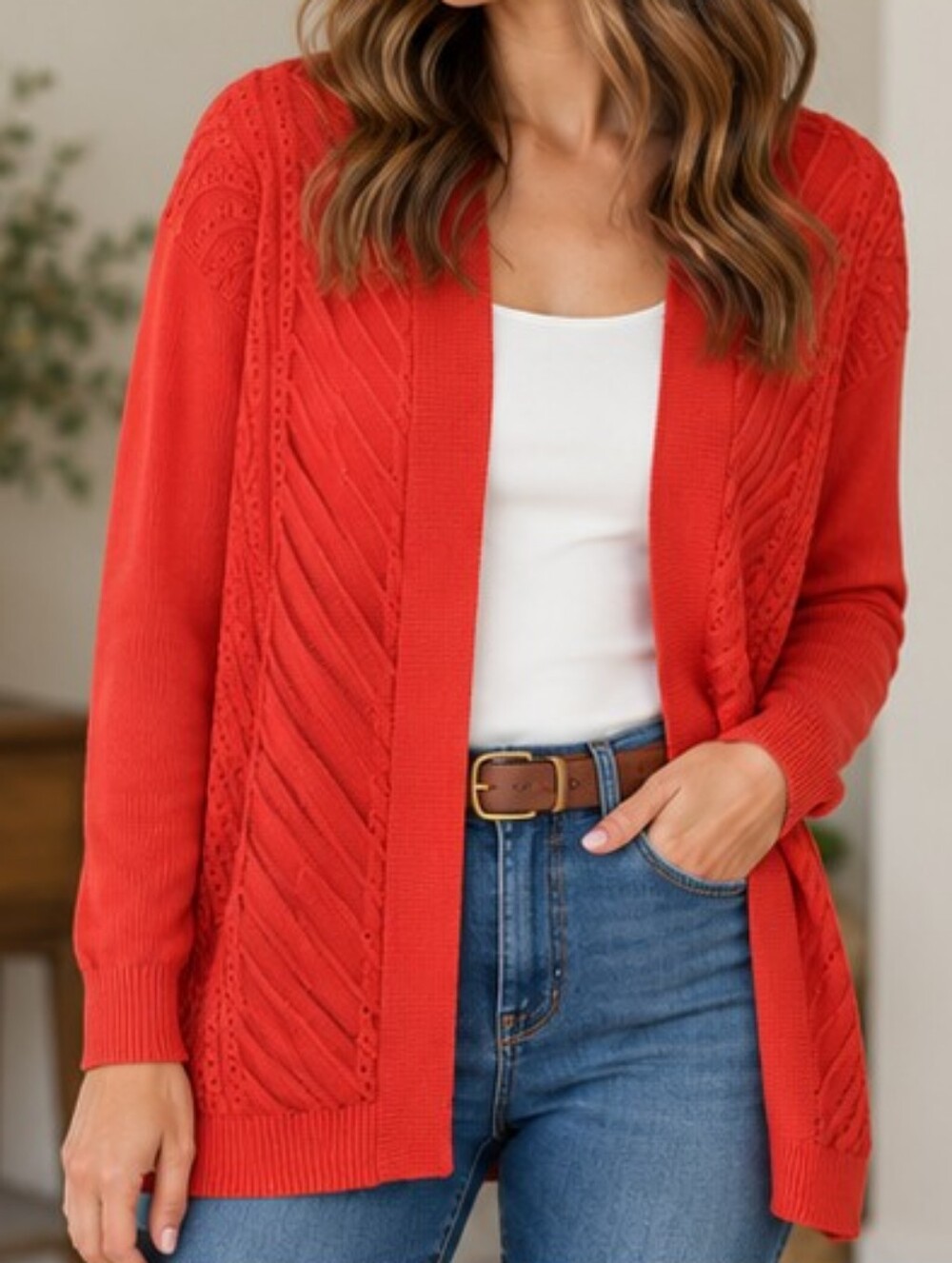 Belldini Red Orange Textured Knit Open Front Cardigan